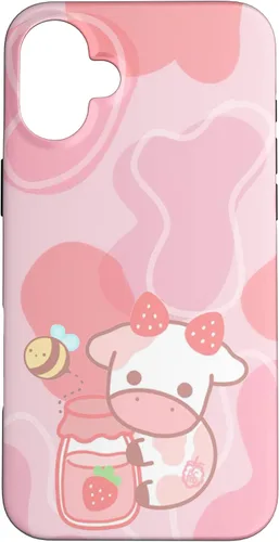 Vista 22 de Funda Kawaii para iPhone 12, diseño de vaca fresa, color rosa