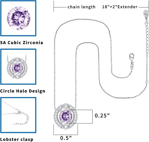 Vista 5 de Collar con halo de piedra natal para mujer, plata de ley, chapado en platino, piedras preciosas brillantes, corte redondo, colgante solitario