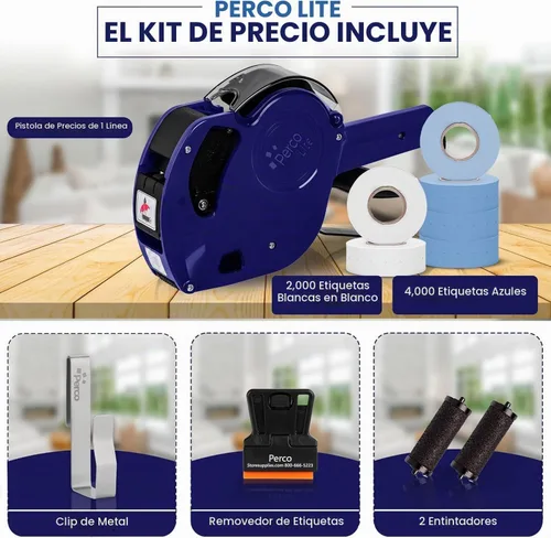 Vista 2 de Perco Lite - Pistola de precio de 1 línea con etiquetas, el kit incluye 3 rollos blancos, 3 rollos azules, 2 rodillos de tinta, 1 rollo de tinta