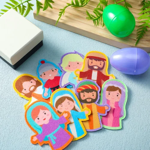 Vista 6 de Karenhi 24 marionetas religiosas de dedo para Pascua, cristiana, pesebre bíblica, juguetes de fieltro para fiesta de Pascua, rellenos de huevos