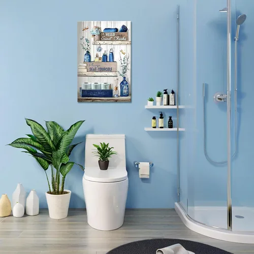 Vista 6 de BFKDKG Arte Decorativo de Pared para Baño Azul Marino Lienzo de Pared Decorativo para Baño Azul Rústico Por Favor Siéntate en Tu Propio Logo Pintura
