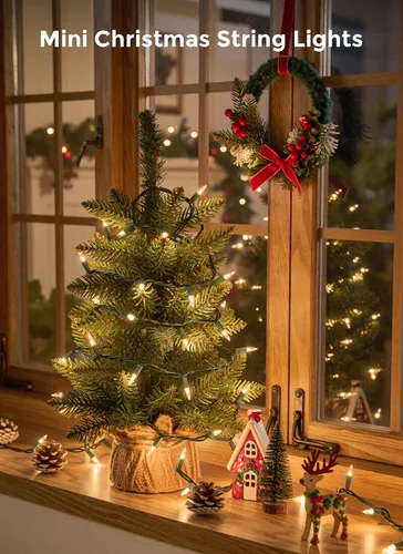 Vista 2 de Minetom Luces LED de Navidad, 20 pies, 100 luces navideñas 2-Alambre blanco y verde puro