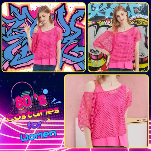 Vista 6 de WILDPARTY Camiseta casual sexy con hombros descubiertos para mujer, traje de los años 80 y 90, disfraz de los años 80, camisa de neón de red, camisa