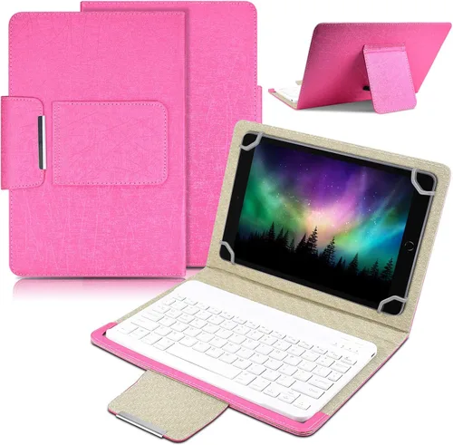 Vista 8 de DETUOSI Funda universal para tableta Android de 10.1 pulgadas con teclado, teclado Bluetooth inalámbrico extraíble + funda de cuero sintético +