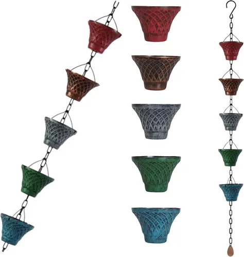 Vista 8 de Cadenas de lluvia de hierro multicolor de 5.8 pies para canaleta y barril de lluvia, resistente al óxido, cadena de lluvia chapada para decoración