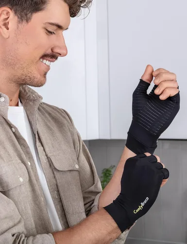 Vista 4 de Guantes de compresión con cobre infundido ComfyBrace para artritis de la mano y dedo, alivio del dolor/hinchazón causado por artritis reumatoide
