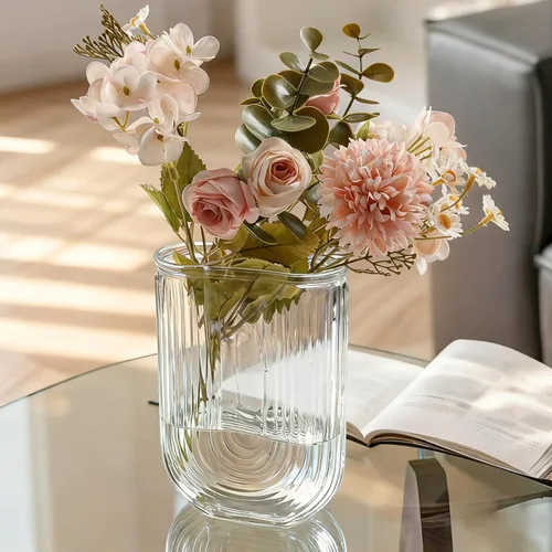 Vista 5 de Jarrón de cristal transparente para flores, florero acanalado en forma de U para centros de mesa, ramo, jarrones de decoración del hogar de 7.28