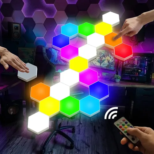 Vista 7 de Vcwtty Luces Hexagonales, Luces LED Inteligentes de Pared con Control Remoto, 13 Colores Sensibles al Tacto DIY Paneles de Pared RGB Modulares