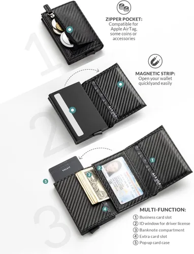 Vista 3 de Cartera plegable de cuero genuino con compartimento para billetes, ventana de identificación y bolsillo para monedas