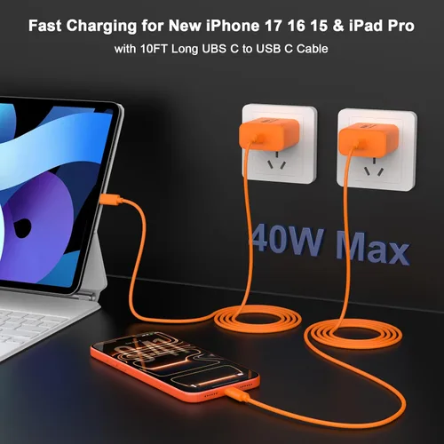 Vista 6 de [Certificado MFi de Apple] Cargador para iPhone 17 Pro Max de carga rápida, bloque de carga USB C de 40 W con cable de carga tipo C extra largo