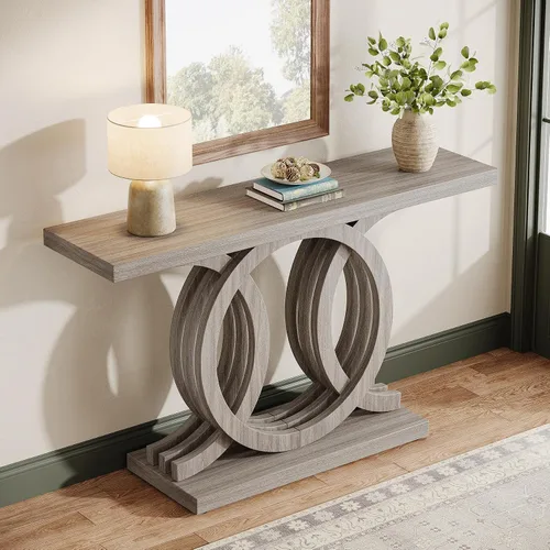 Vista 6 de Tribesigns Mesa consola de 55 pulgadas con base de madera geométrica, mesa de entrada moderna con mesa gruesa para sala de estar, pasillo, vestíbulo