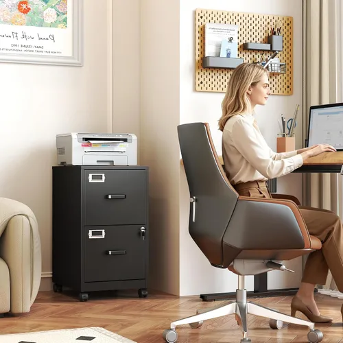 Vista 4 de Archivador de 2 cajones con cerradura, archivador vertical móvil para colgar carpetas tamaño A4/carta/legal, debajo del escritorio, pequeños