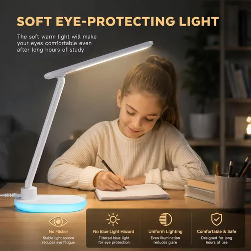 Vista 6 de Lámpara de escritorio LED con carga inalámbrica QI de 10 W, lámpara de mesa Flexo con 3 colores y 5 niveles de brillo con función de carga, USB