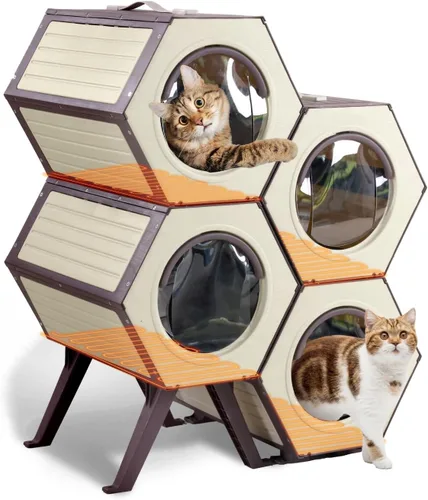 Vista 9 de Casa climatizada para gatos para invierno al aire libre, condominio combinado para gatos con temperatura y tiempo ajustables, refugio aislado