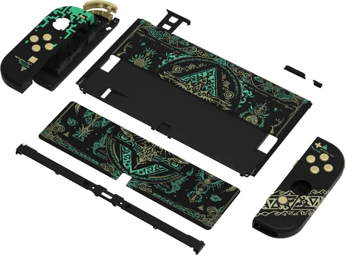 Vista 4 de eXtremeRate Juego completo de carcasa de bricolaje para Nintendo Switch OLED, placa trasera de consola y soporte, carcasa para controlador de mano