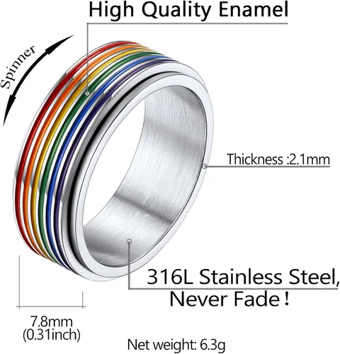 Vista 5 de Anillo giratorio LGBT de acero inoxidable con diseño de arco iris Love is Love Gay Lesbians Pride Jewelry Anillos para hombres y mujeres