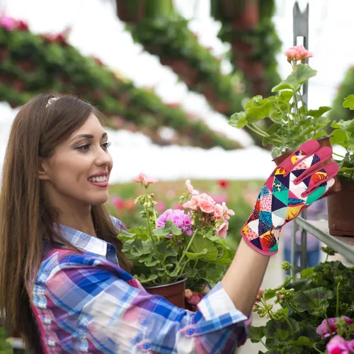 Vista 6 de Guantes de jardinería de cuero para mujer, guantes de jardín a prueba de espinas, diseño de pantalla táctil, guantes de trabajo resistentes