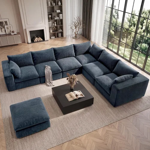 Vista 40 de 118" Cloud Couch Oversized Modular Sectional Sofa, Boneless L-Shaped 6 Seater Deep Seat Couch with Ottoman, Soft Corduroy Upholstery, DIY Negro