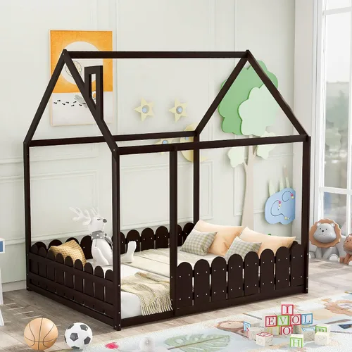 Vista 15 de Merax House Bed Twin Size Wood Bed Frame with Roof and Fence for Girls, Boys, Weight Capacity No Limit (Espresso)