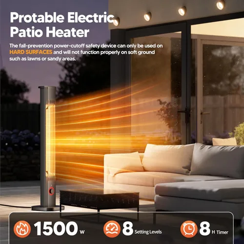 Vista 6 de Calentador de exterior para patio de 1500 W, temporizador de 8 horas, impermeable, calentador eléctrico infrarrojo para patio, calefacción de 8