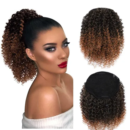 Vista 6 de Cola de caballo con cordón para mujeres negras, extensión de cola de caballo negra rizada para mujeres negras, extensiones de cabello sintético