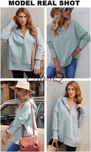 Vista 5 de AlvaQ Sudadera casual con cuello en V y botones para mujer, sudadera de gran tamaño, con capucha y bolsillos