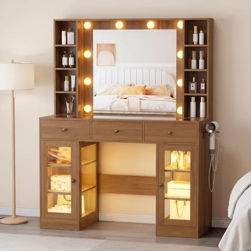 Vista 10 de Wodeer Pequeño escritorio de maquillaje con espejo y luces, tocador con armario de cristal, luces LED y toma de corriente, cajón y gabinetes