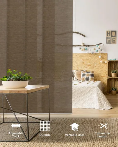 Vista 2 de GoDear Design Cordless Adjustable Sliding Panel Track Vertical Blinds, 45.8"- 86" W x 96" H, Patio Sliding Door Blinds, Brown Trimmable Fabric Panel