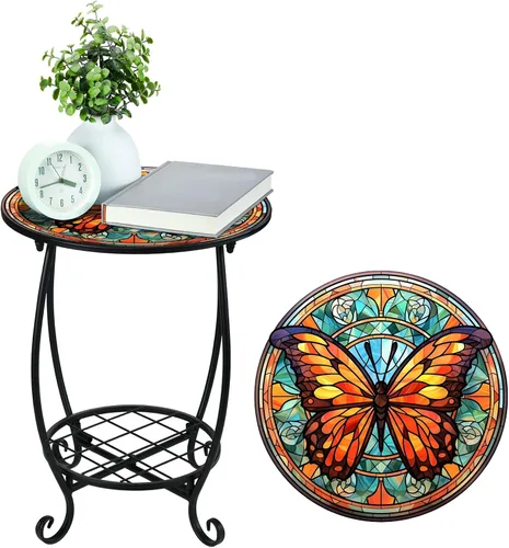 Vista 42 de Cinnvoice Mesa auxiliar redonda para exteriores, mosaico pequeño, decoración de patio, planta interior, mesa de té para patio, porche, jardín, sala