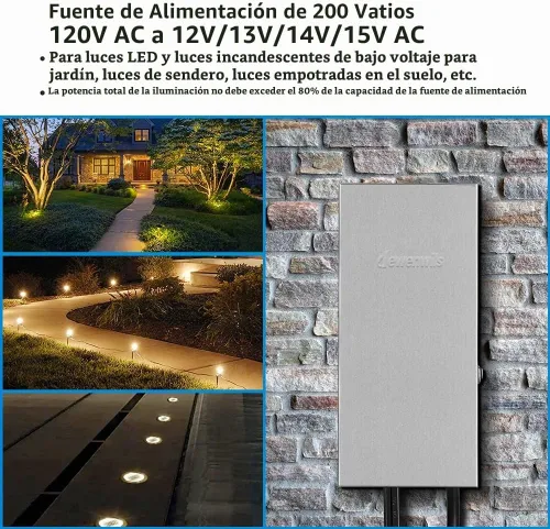 Vista 3 de DEWENWILS Transformador de paisaje de bajo voltaje multigrifo de 200 W, 120 V CA a 12 V/13 V/14 V/15 V CA, transformador de bajo voltaje para luces