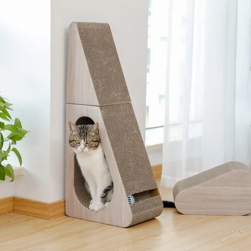 Vista 7 de PAWZ Road Rascador de gato, rascador triangular de cartón para gatos de 28.3 pulgadas, almohadilla grande para rascar 2 en 1, rascador de túnel