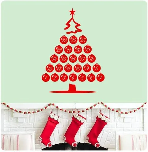 Vista 3 de Calcomanía de pared con forma de árbol de Navidad con forma de calendario de Adviento de diciembre, calcomanía de pared con texto en inglés «Merry