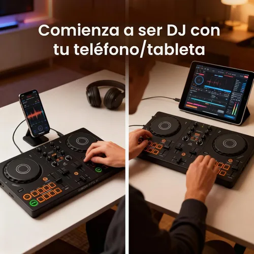 Vista 3 de Pioneer DJ AlphaTheta DDJ-FLX2 Controlador de DJ compacto de 2 canales con soporte para laptop, auriculares y paño de pulido Austin Bazaar