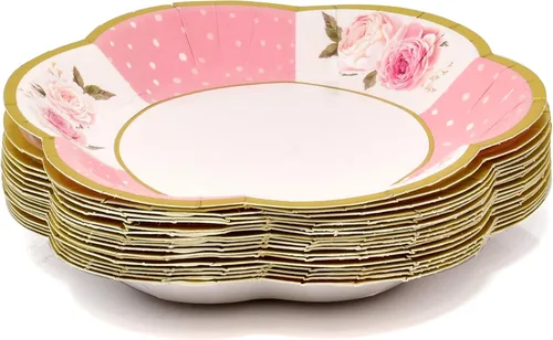 Vista 4 de Gift Boutique Juego de 36 tazas de té de papel con asas y 36 platillos en forma floral desechables para niños y adultos, cumpleaños, baby shower