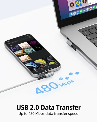 Vista 3 de Cable USB C a USB C en ángulo recto corto de 1 pie, paquete de 3 gris y blanco