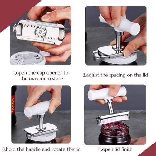 Vista 6 de Abrelatas ajustable, abridor de tarros de acero inoxidable para latas de botellas de 1 a 4 pulgadas, abridor manual de latas, removedor de tapa