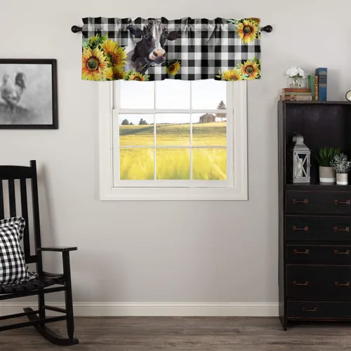 Vista 3 de Cortinas de vaca, cenefas de ventana de animales de granja, cenefas de cocina de girasol amarillo, cenefas de cocina, bolsillo para barra, cuadros