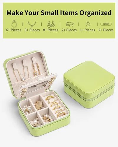Vista 8 de Vlando Pequeño organizador de joyero de viaje Anillo de regalo para mujer, aretes, collares, vitrina de almacenamiento para niñas, color verde