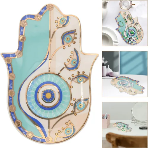 Vista 9 de Homoyoyo Bandeja de exhibición de joyería de escritorio, plato de cerámica de ojo de diablo, plato de joyería decorativo, soporte para llaves, plato