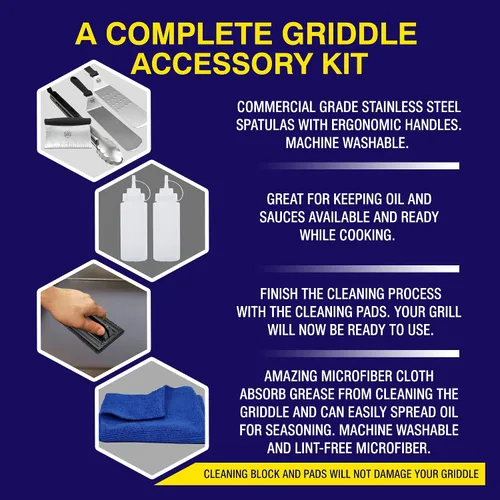 Vista 2 de Grillers Choice -Juego de accesorios para plancha- Juego de 9 espátulas de metal, acero inoxidable comercial resistente, parte superior plana