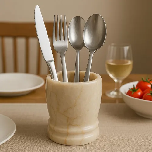 Vista 5 de Creative Home Colección de doble anillo de mármol champán natural, soporte para cepillos de dientes, soporte para brochas de maquillaje, organizador