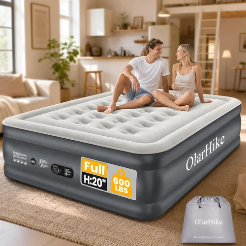Vista 9 de OlarHike Colchón de aire individual con bomba incorporada, cama inflable de Altura estándar 18" Gris