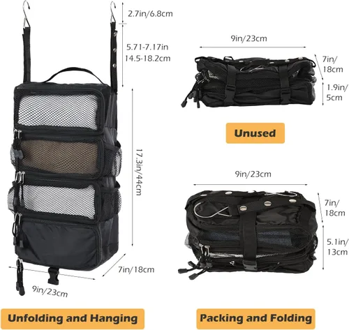 Vista 3 de TABITORA Organizador de equipaje de viaje plegable para colgar, estantes colgantes portátiles para llevar en la maleta con 2 ganchos, (S-negro)