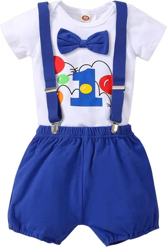 Vista 26 de IDOPIP Traje formal para bebé niño para el primer cumpleaños de Cake Smash con corbatín y tirantes y pantalones cortos para sesión de fotos