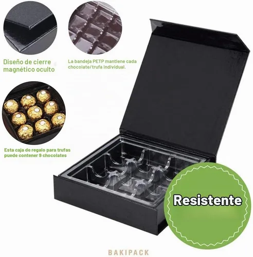 Vista 6 de 6 cajas de trufas negras, caja de chocolates, cajas de regalo magnéticas de trufa Cajas de trufas con bandeja de plástico de 9 piezas, cajas