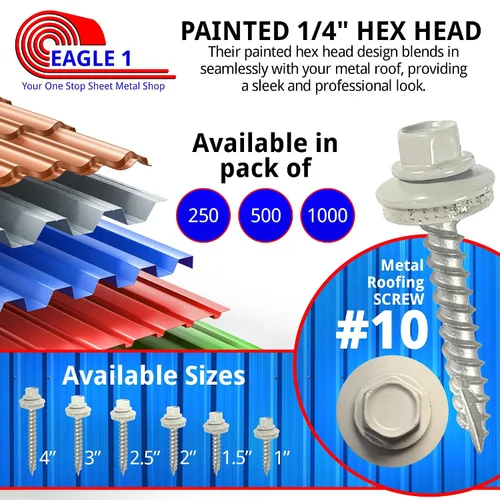 Vista 2 de EAGLE 1 Tornillos para Techos de Metal #10 - Tornillos Autorroscantes con Cabeza Hexagonal Pintada y Arandela de Goma EDPM para Metal a Madera