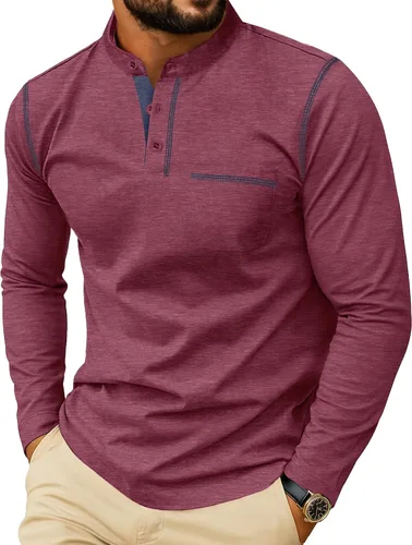 Vista 6 de Sailwind Camisetas Henley para hombre de manga larga con botones, estilo casual, elegante, de algodón, con bolsillo