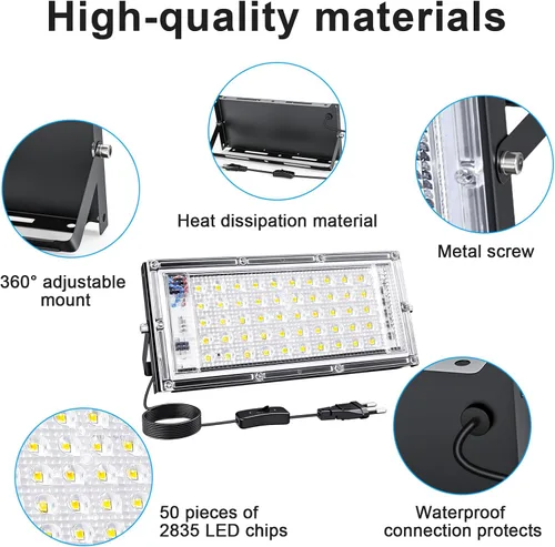 Vista 5 de Luz de inundación de 50 W para exteriores, paquete de 4 luces LED de 5000 lúmenes, 6500 K súper brillantes, enchufe para exteriores, luces