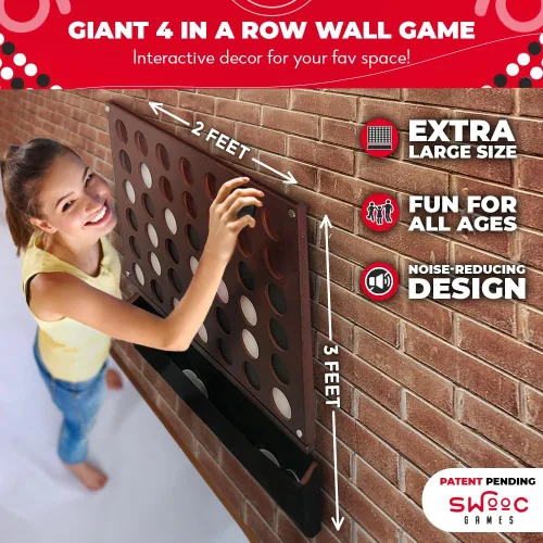 Vista 2 de Swooc Games® - Juego de pared gigante 4 en una fila - 60% más silencioso - Juegos de pared de tamaño jumbo - Juego de sala de juegos, accesorios