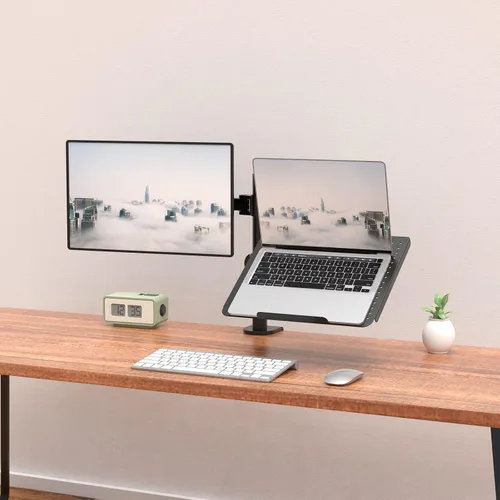 Vista 2 de WALI Soporte para laptop y monitor, soporte para monitor totalmente ajustable y bandeja para laptop para 1 portátil de hasta 17 pulgadas y 1